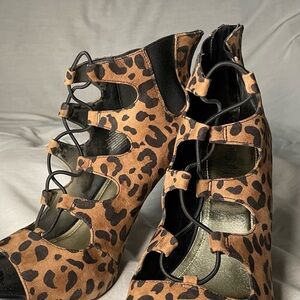 Jennifer Lopez Leopard-Print Lace-Up Cutout Heels in Brown and Black